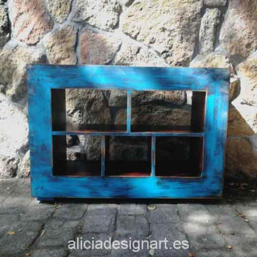Mesita TV madera maciza decorada estilo Boho Chic azul - Taller decoracíon de muebles antiguos Madrid estilo Shabby Chic, Provenzal, Rómantico, Nórdico