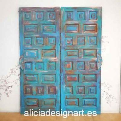 Puerta vintage madera maciza decorada estilo Boho Chic azul - Taller decoración de muebles antiguos Madrid estilo Shabby Chic, Provenzal, Rómantico, Nórdico
