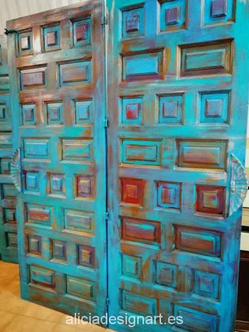 Puerta vintage madera maciza decorada estilo Boho Chic azul - Taller decoración de muebles antiguos Madrid estilo Shabby Chic, Provenzal, Rómantico, Nórdico