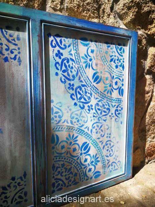Cabecero para colgar decorado estilo Boho Chic con stencil mandala XL - Taller decoración de muebles antiguos Alicia Designart Madrid
