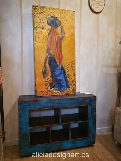 Cuadro original pintado a mano India con Botijo por Alicia Dominguez Lopez - Taller decoración de muebles antiguos Madrid estilo Shabby Chic, Provenzal, Rómantico, Nórdico
