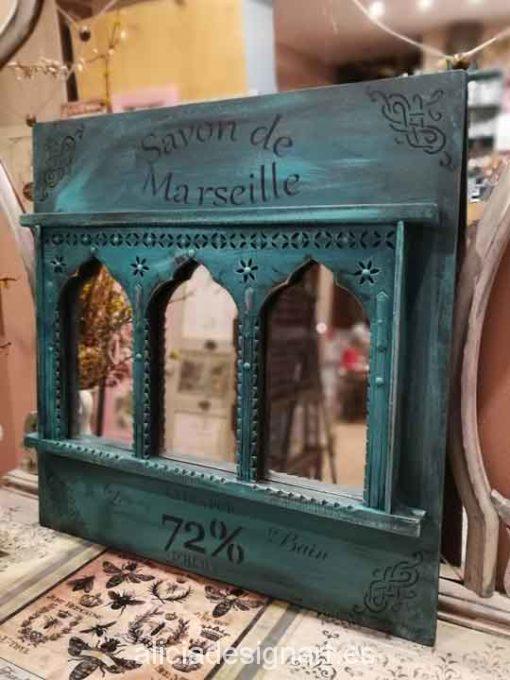 Espejo boho chic oriental esmeralda - Taller decoración de muebles antiguos Madrid estilo Shabby Chic, Provenzal, Rómantico, Nórdico