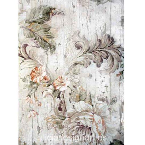 Papel de arroz flores grises pintadas sobre madera Shabby Chic de Cadence ref 888551 - Taller decoración de muebles antiguos Madrid estilo Shabby Chic, Provenzal, Rómantico, Nórdico