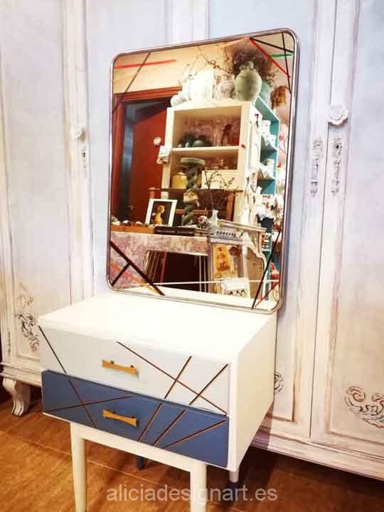 Espejo cromado rectangular antiguo decorado estilo Art Déco geométrico - Taller decoración de muebles antiguos Madrid estilo Shabby Chic, Provenzal, Rómantico, Nórdico, muebles de color