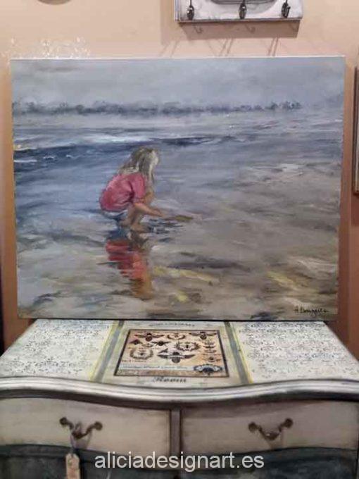 Niña en la playa, cuadro original, pintado a mano por Alicia Dominguez Lopez - Taller decoración de muebles antiguos Madrid estilo Shabby Chic, Provenzal, Rómantico, Nórdico