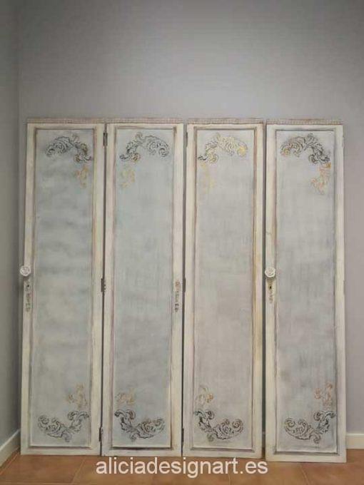Puertas vintage decoradas estilo nórdico, ideales para cabecero - Taller decoración de muebles antiguos Alicia Designart Madrid.