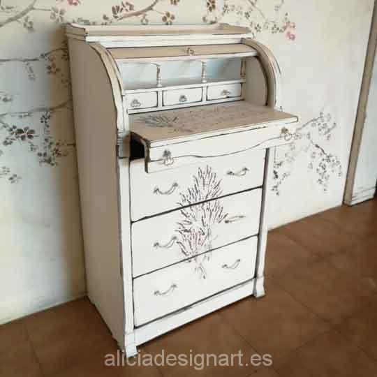 Bureau escritorio estilo Shabby Chic blanco decorado con stencils - Taller de decoración de muebles antiguos Madrid. Muebles de colores, productos y cursos.