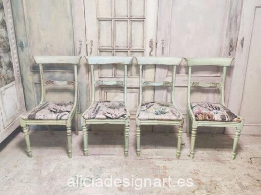 Silla vintage decorada estilo Shabby en verde y tapizada con tela cactus - Taller de decoración de muebles antiguos Madrid estilo Shabby Chic, Provenzal, Romántico, Nórdico