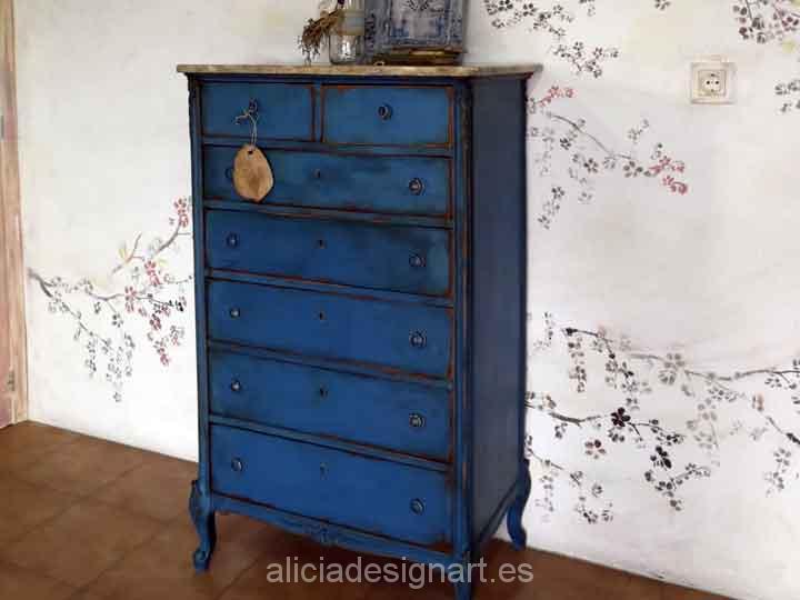 Sinfonier antiguo de 7 cajones decorado color azul vintage - Taller de decoración de muebles antiguos Madrid. Muebles de colores, productos y cursos.