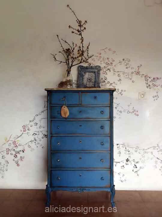Sinfonier antiguo de 7 cajones decorado color azul vintage - Taller de decoración de muebles antiguos Madrid. Muebles de colores, productos y cursos.