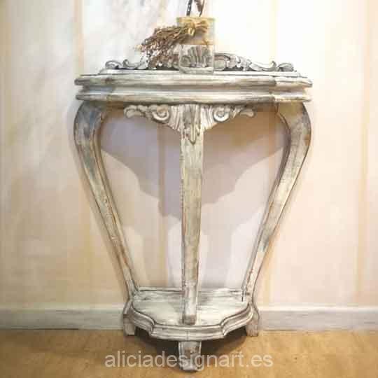 Consola antigua de tres patas decorada estilo Shabby Chic Blanco - Taller decoración de muebles antiguos Alicia Designart Madrid.