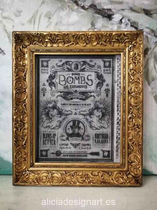 Cuadro decorativo Vintage con papel de arroz, marco con pan de oro, Bombs - Taller decoración de muebles antiguos Madrid estilo Shabby Chic, Provenzal, Romántico, Nórdico