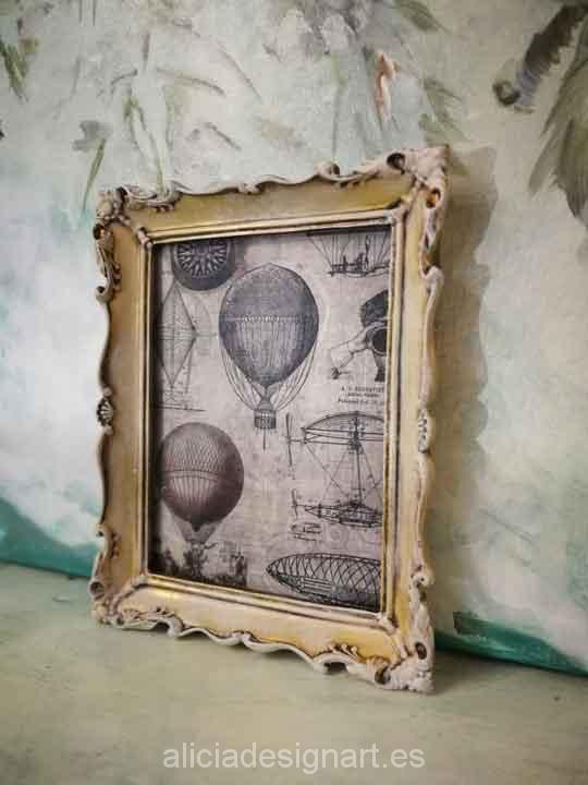 Cuadro decorativo con papel de arroz, marco resina, globos retro - Taller decoración de muebles antiguos Madrid estilo Shabby Chic, Provenzal, Romántico, Nórdico