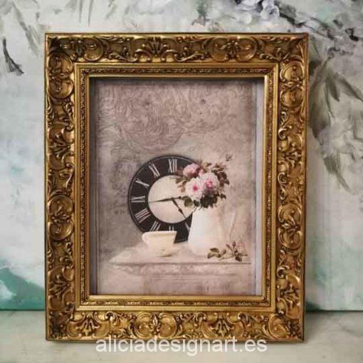 Cuadro decorativo con papel de arroz, marco con pan de oro, jarrón shabby - Taller decoración de muebles antiguos Madrid estilo Shabby Chic, Provenzal, Romántico, Nórdico
