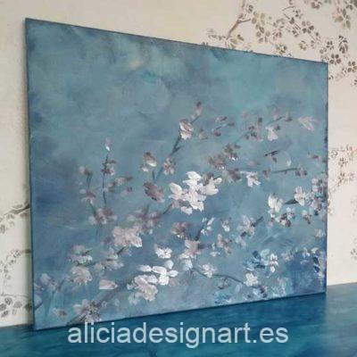 Rama de almendro variación azul, cuadro original, pintado a mano por Alicia Dominguez Lopez - Taller de decoración de muebles antiguos en Madrid
