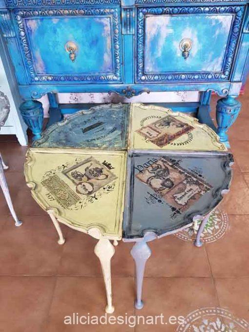 Conjunto original de mesa redonda y 4 mesitas auxiliar estilo Shabby Chic y Gustaviano - Taller de decoración de muebles antiguos Madrid. Muebles de colores, productos de decoración y cursos.
