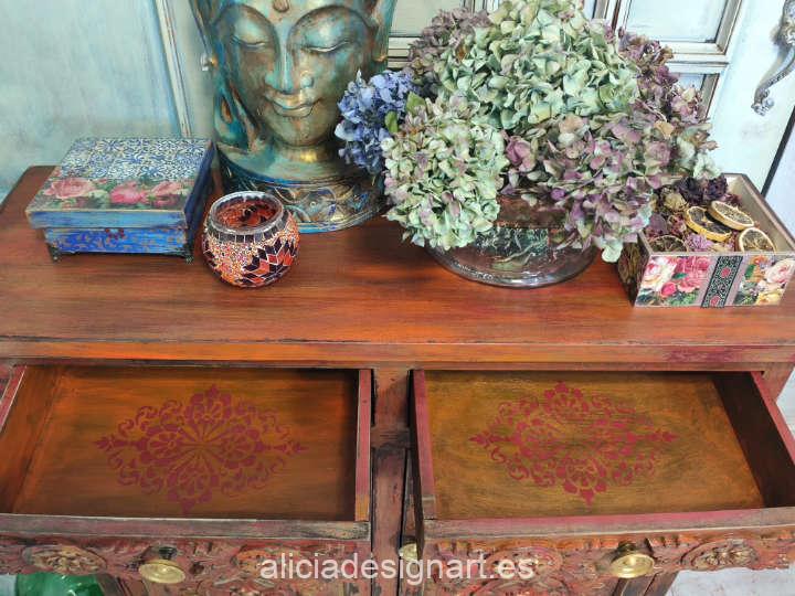Aparador Vintage decorado estilo Boho Chic de inspiración Oriental - Taller decoración de muebles antiguos Alicia Designart Madrid.