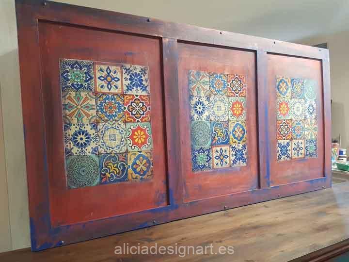 Cabecero decorado estilo Boho Chic con découpage con baldosas - Taller de decoración de muebles antiguos Alicia Designart Madrid