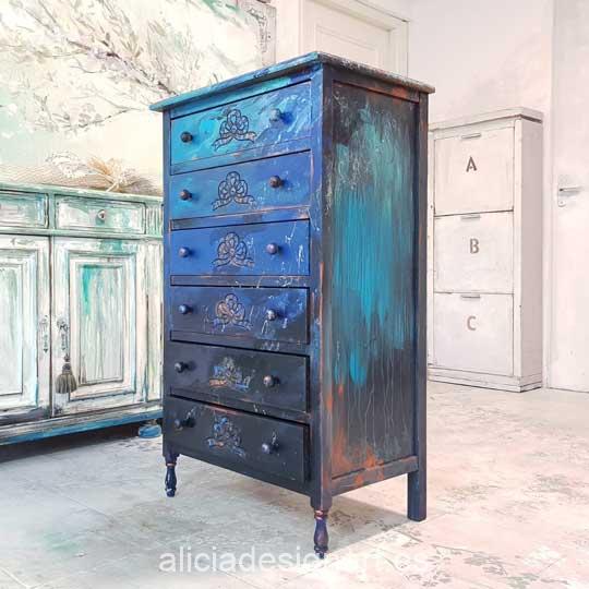 Sinfonier vintage 6 cajones decorado estilo Boho Chic con degradado de azules - Taller de decoración de muebles antiguos Madrid. Muebles de colores, productos y cursos.