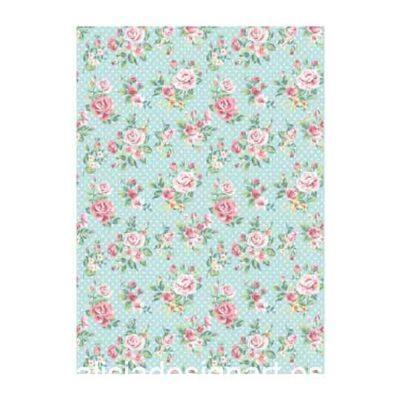 Papel de arroz rosas sobre fondo azul Boho y Shabby Chic de Cadence ref PA112 - Taller decoración de muebles antiguos Madrid estilo Shabby Chic, Provenzal, Rómantico, Nórdico