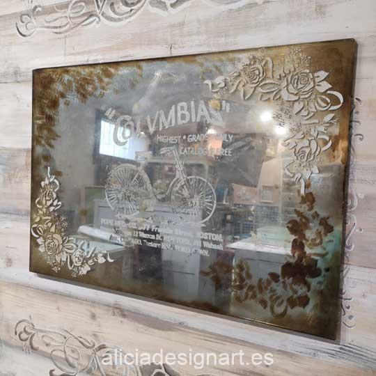Espejo antiguo vintage decorado estilo Shabby Chic Campestre con stencil y cristal grabado - Taller decoración de muebles antiguos Madrid estilo Shabby Chic, Provenzal, Romántico, Nórdico