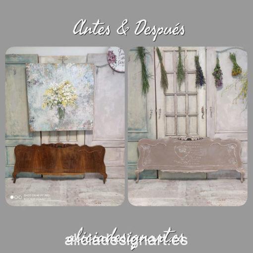 Cabecero con stencil decorado estilo romántico francés visón y blanco - Taller de decoración de muebles antiguos Alicia Designart Madrid