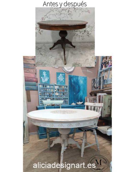 Mesa de comedor redonda estilo Shabby Chic blanca con mandala dorado - Taller de decoración de muebles antiguos Madrid. Muebles de colores, productos y cursos.