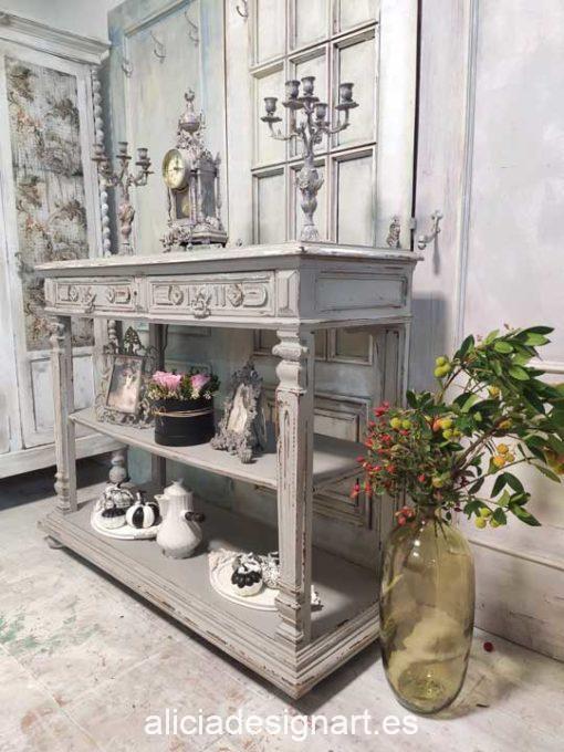 Consola antigua rectangular decorada estilo Shabby Chic gris - Taller decoración de muebles antiguos Alicia Designart Madrid.