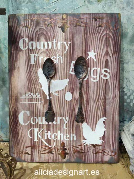 Cuadro decorativo en madera reciclada con cubiertos antiguos y stencil Country Kitchen - Taller decoración de muebles antiguos Madrid estilo Shabby Chic, Provenzal, Romántico, Nórdico