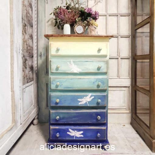 Sinfonier ARthur con 6 cajones decorado estilo artístico con degradado de azules y libélulas - Taller de decoración de muebles antiguos Madrid. Muebles de colores, productos y cursos.