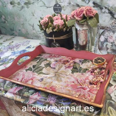 Bandeja rectangular de madera decorada estilo shabby chic floral - Taller decoración de muebles antiguos Madrid estilo Shabby Chic, Provenzal, Romántico, Nórdico
