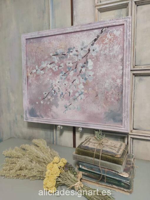 Cuadro técnica mixta sobre lienzo, Rama en flor sobre fondo rosa, pintado a mano por Alicia Dominguez Lopez - Taller de decoración de muebles antiguos y obras de arte Alicia Designart Madrid
