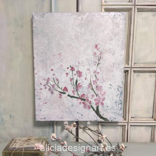 Cuadro técnica mixta sobre lienzo, Red Sakura, con rama de sakura con flores rojas, pintado a mano por Alicia Dominguez Lopez - Taller de decoración de muebles antiguos y obras de arte Alicia Designart Madrid