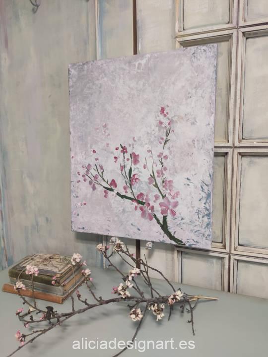 Cuadro técnica mixta sobre lienzo, Red Sakura, con rama de sakura con flores rojas, pintado a mano por Alicia Dominguez Lopez - Taller de decoración de muebles antiguos y obras de arte Alicia Designart Madrid