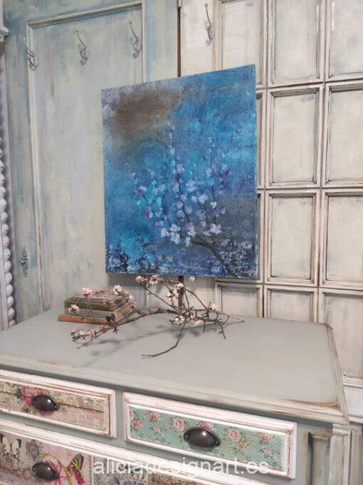 Cuadro técnica mixta sobre lienzo, Sakura Iris, con rama de sakura, pintado a mano por Alicia Dominguez Lopez - Taller de decoración de muebles antiguos y obras de arte Alicia Designart Madrid