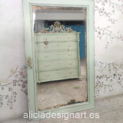 Espejo antiguo rectangular decorado en tonos verdes y estilo Shabby - Taller decoración de muebles antiguos Madrid estilo Shabby Chic, Provenzal, Romántico, Nórdico