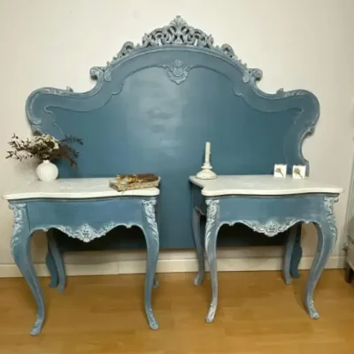Cabecero Bruma Marina decorado por Un Toque Vintage, alumna del Taller de decoración de muebles antiguos Alicia Designart Madrid. Muebles de colores, productos y cursos de decoración.