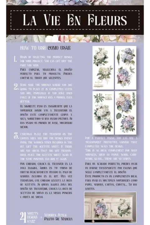 Juego de 4 láminas para transfer decorativo 15 x 30 cm ref PFY-14767 - Taller decoración de muebles antiguos Alicia Designart Madrid estilo Shabby Chic, Provenzal, Romántico, Nórdico
