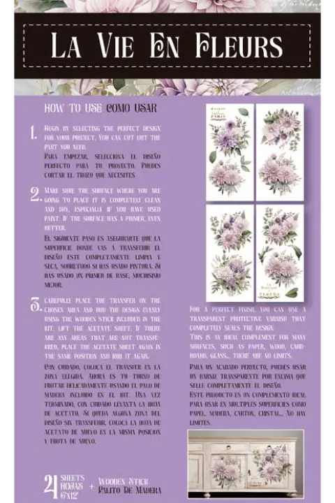 Juego de 4 láminas para transfer decorativo 15 x 30 cm ref PFY-14769 - Taller decoración de muebles antiguos Alicia Designart Madrid estilo Shabby Chic, Provenzal, Romántico, Nórdico