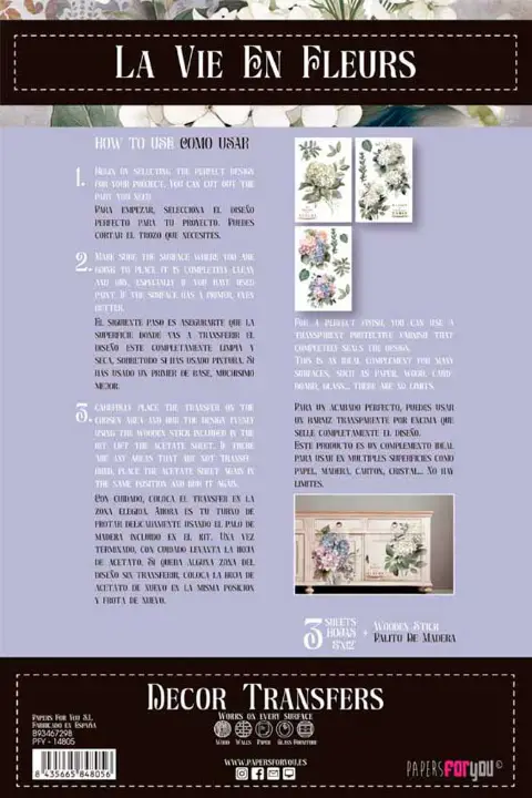 Juego de 3 láminas para transfer decorativo 20 x 30 cm ref PFY-14805 - Taller decoración de muebles antiguos Alicia Designart Madrid estilo Shabby Chic, Provenzal, Romántico, Nórdico